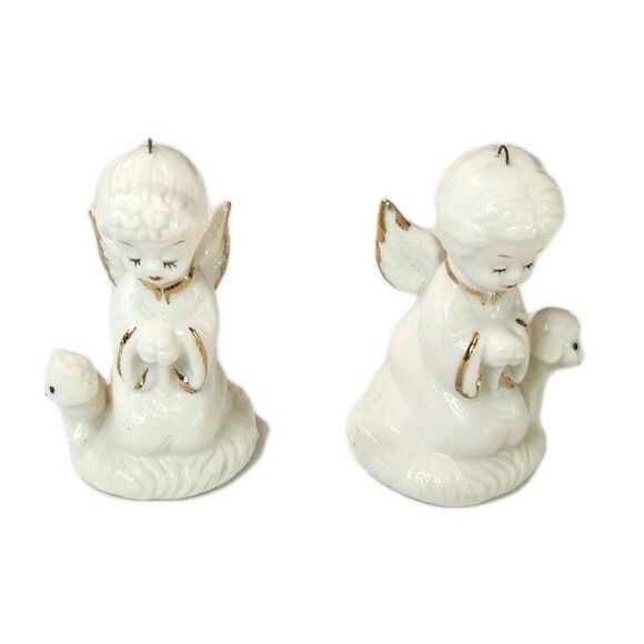 Napco Vintage Miniature Praying Angel Figurines Boy & Girl with Kitten & Lamb - Picture 1 of 9